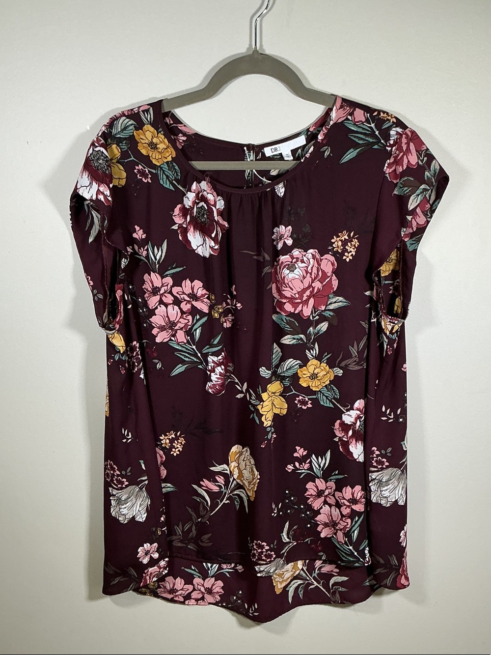 DR2 Women’s XL Floral Blouse Burgundy Pink Boho Top Short Sleeve Flowy
